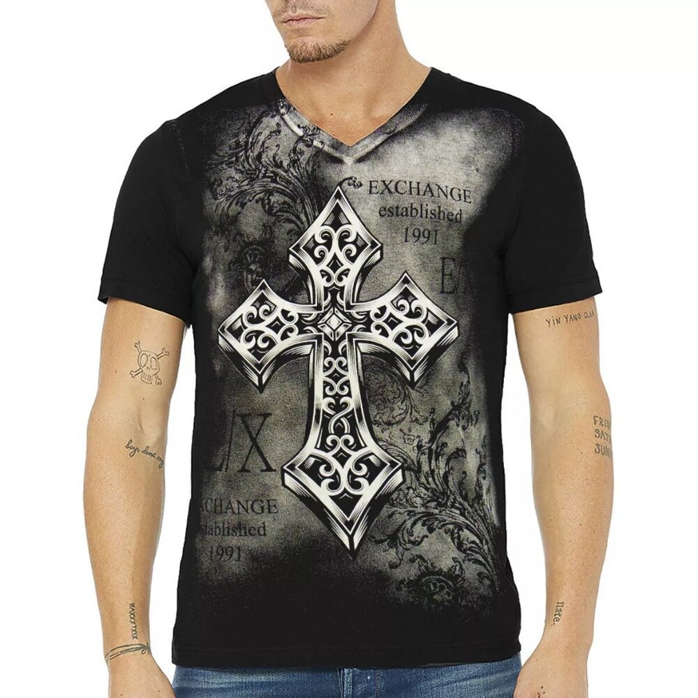 NWT EXCHANGE BIG CROSS TATTOO MEN'S BLACK V-NECK SHORT SLEEVE T-SHIRT SIZE M